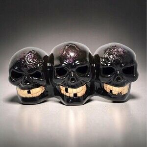 Vintage Ceramic Black Skull Trio Figurine Gothic Halloween Decor 8" Fishtank Art